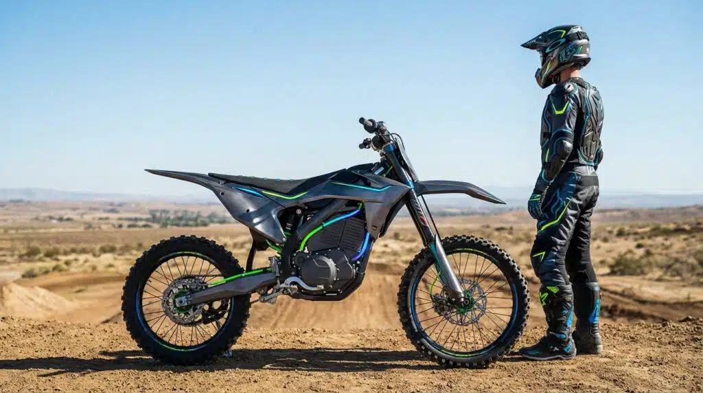 Motocross électrique : prix et modèles incontournables : Pilote en tenue devant une moto de motocross électrique futuriste gris et vert, sur une piste de terre sous ciel bleu.