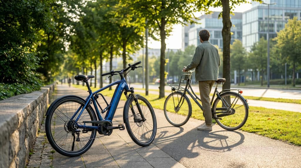 Bien choisir son assurance vélo pour rouler serein Un vélo électrique bleu garé et une personne poussant un vélo classique sur un chemin arboré en ville, au soleil matinal.