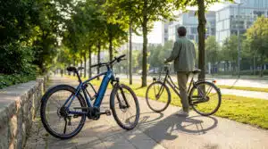 Bien choisir son assurance vélo pour rouler serein Un vélo électrique bleu garé et une personne poussant un vélo classique sur un chemin arboré en ville, au soleil matinal.