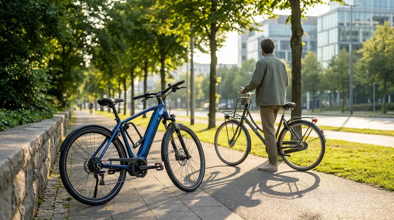 Bien choisir son assurance vélo pour rouler serein Un vélo électrique bleu garé et une personne poussant un vélo classique sur un chemin arboré en ville, au soleil matinal.