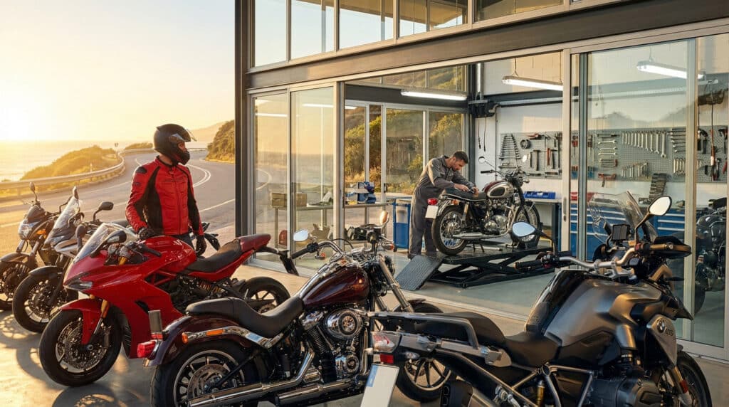 Motard et motos variées devant un garage vitré où un mécanicien travaille. Vue sur une route côtière ensoleillée.