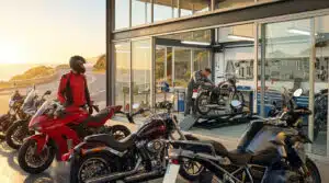 Motard et motos variées devant un garage vitré où un mécanicien travaille. Vue sur une route côtière ensoleillée.