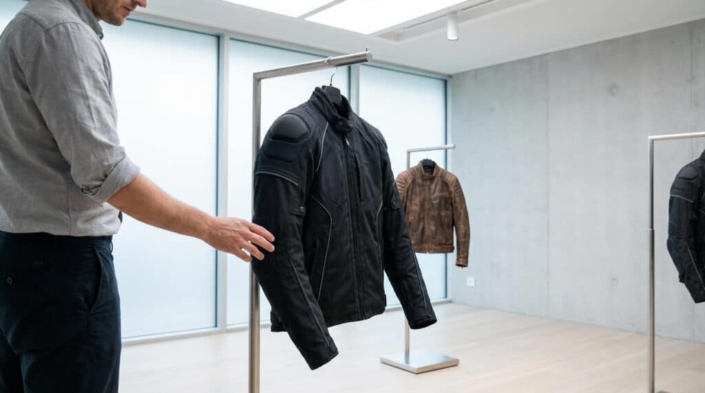 Blouson moto : bien choisir son équipement en 2026 [Avis] Homme touchant un blouson moto noir protecteur sur cintre. Un blouson marron est visible en arrière-plan dans un showroom moderne.
