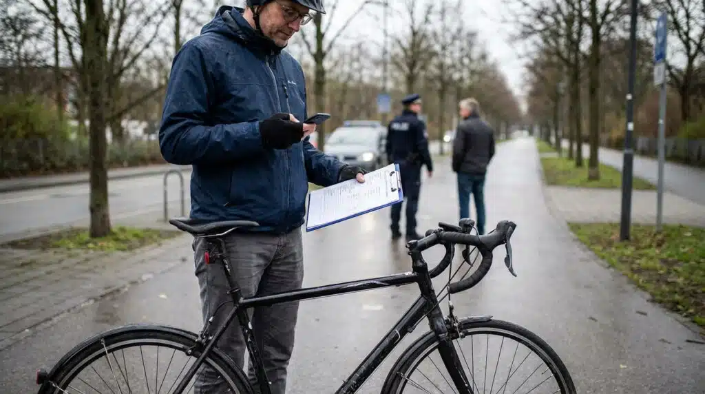 Personne consultant des documents administratifs après un accident vélo pour démarches d'indemnisation