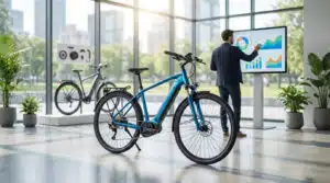 Vélo électrique bleu moderne équipé d'un écran interactif affichant des informations, idéal pour achat vélo électrique