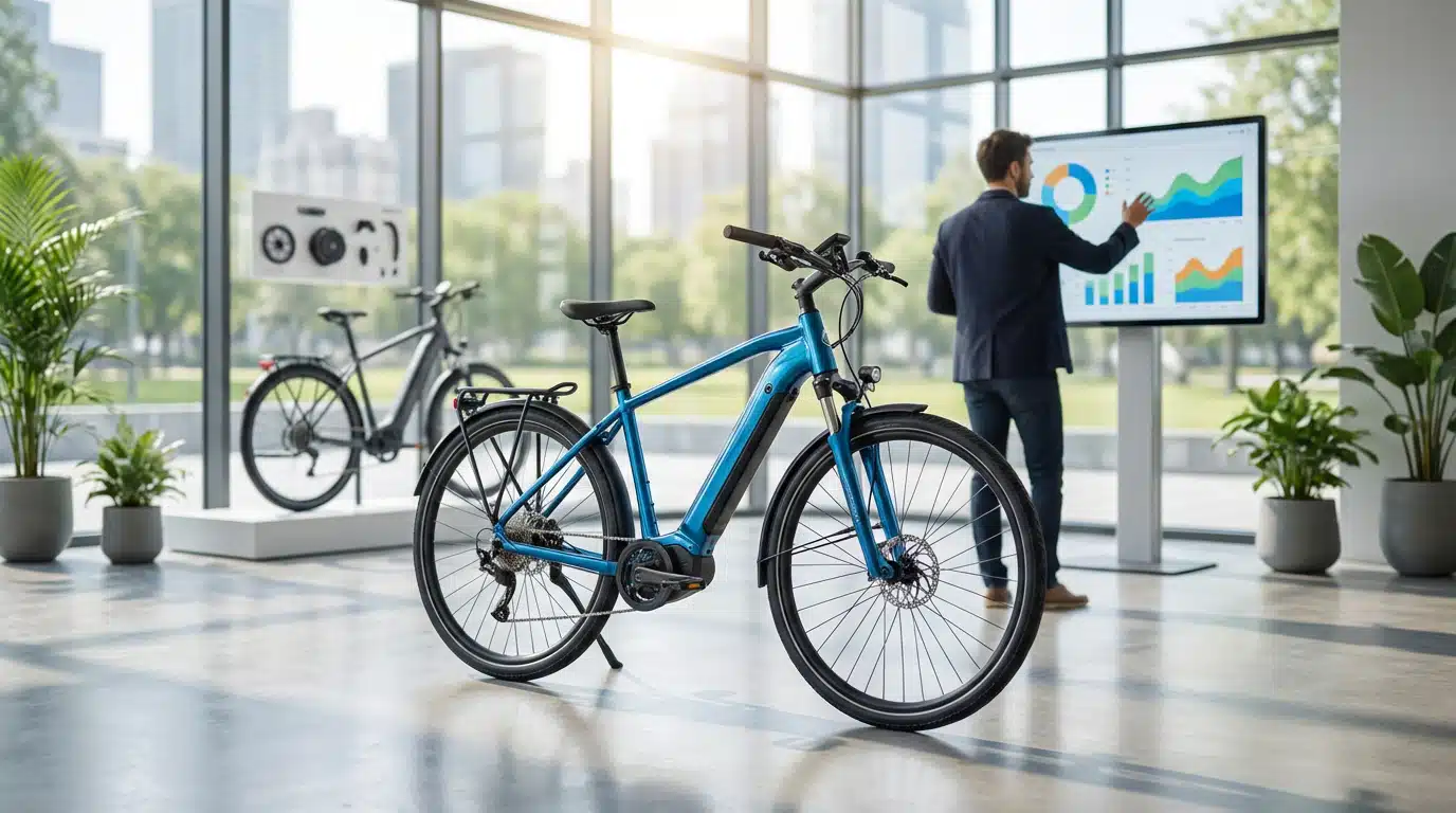 Vélo électrique bleu moderne équipé d'un écran interactif affichant des informations, idéal pour achat vélo électrique