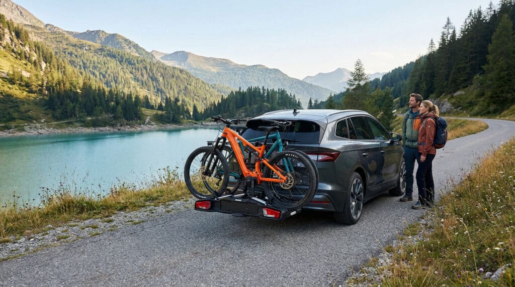 Cycliste transportant un vélo sur un porte vélo en montagne lors d'une aventure en plein air