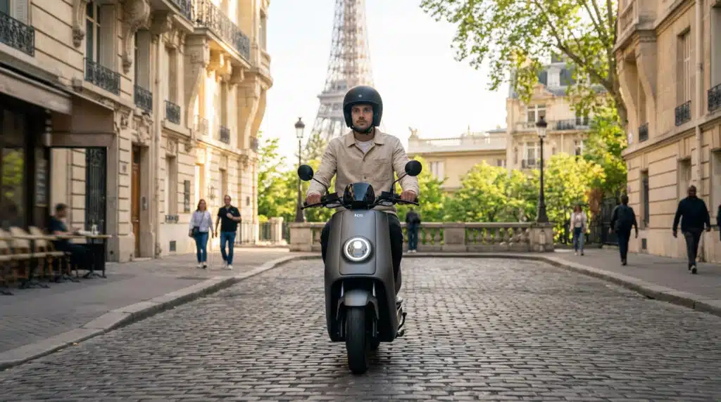 Location de scooter à Paris avec un scooter électrique stationné dans une rue parisienne