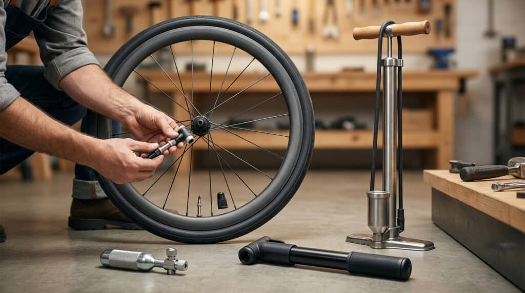 Personne en train d'utiliser une pompe vélo pour gonfler une roue de vélo