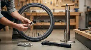 Personne en train d'utiliser une pompe vélo pour gonfler une roue de vélo
