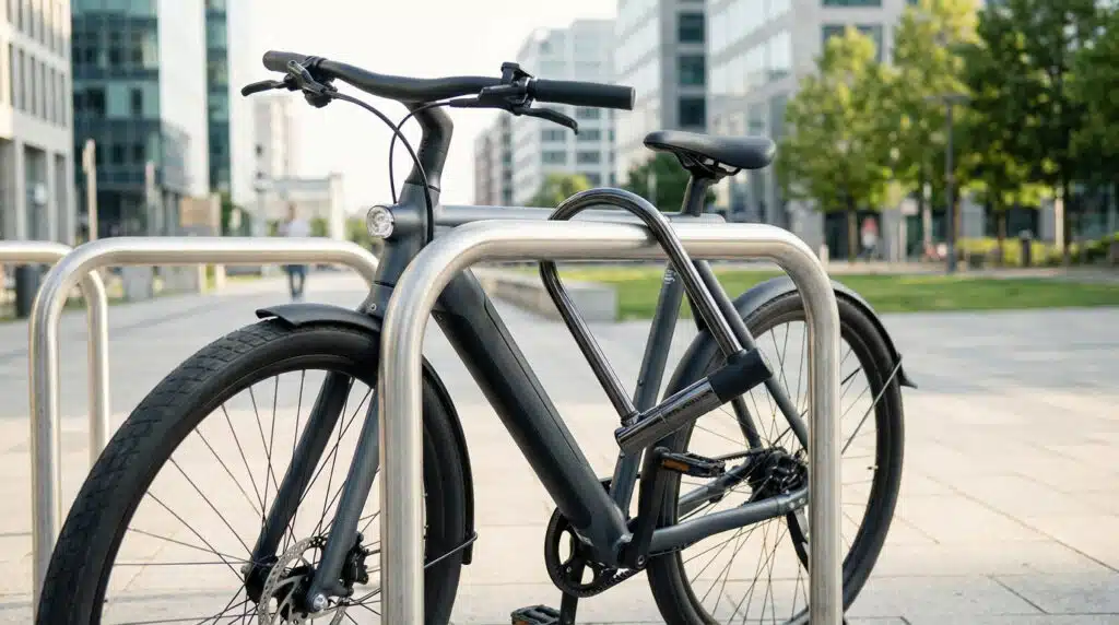 Vélo sécurisé avec un antivol en ville, illustrant le meilleur antivol pour vélo