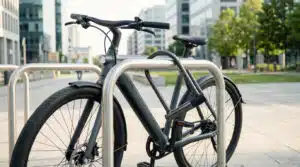 Vélo sécurisé avec un antivol en ville, illustrant le meilleur antivol pour vélo