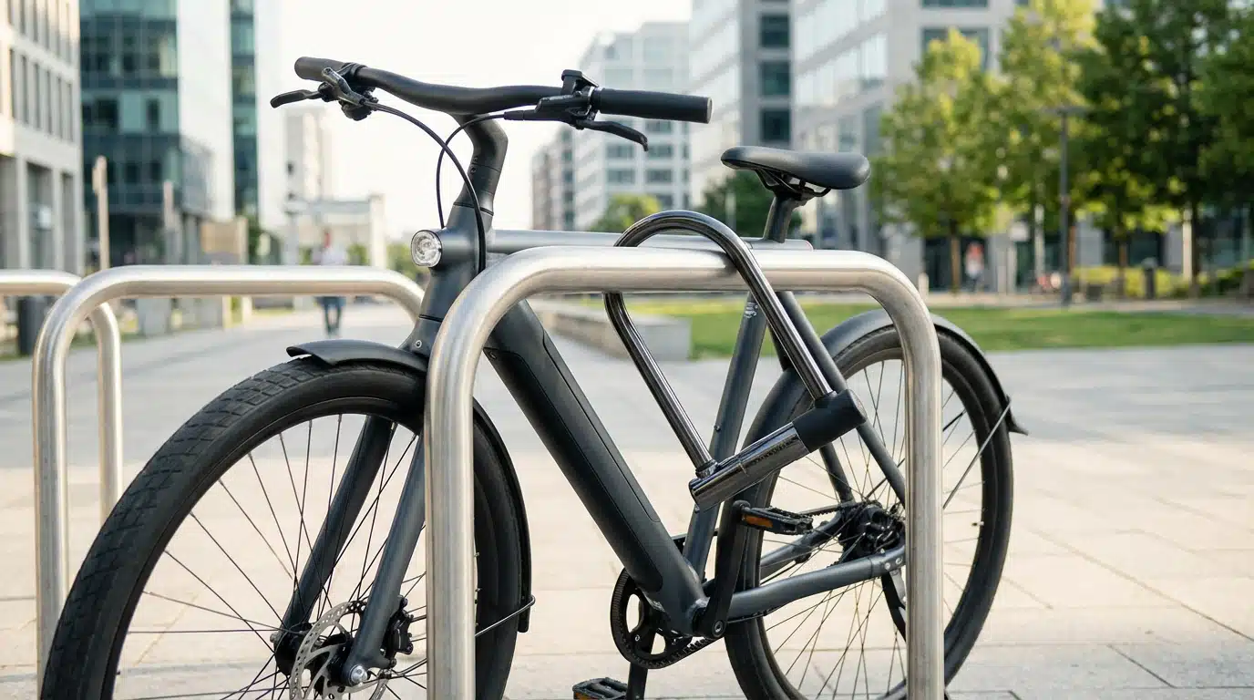 Vélo sécurisé avec un antivol en ville, illustrant le meilleur antivol pour vélo