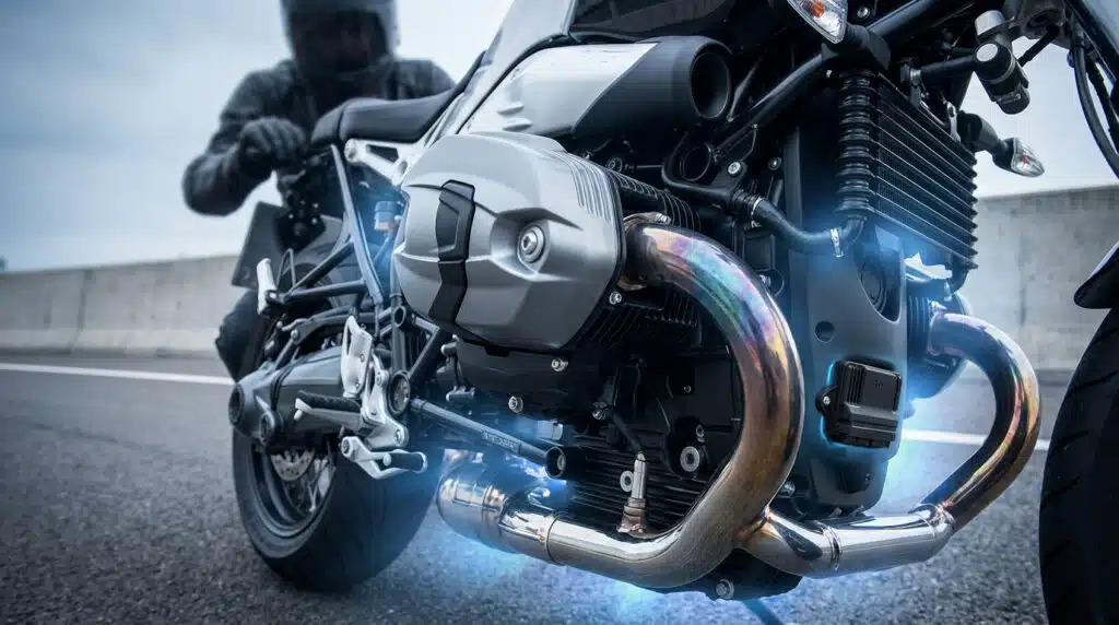 Moteur de moto moderne exposé, illustrant le concept de rupter en moto