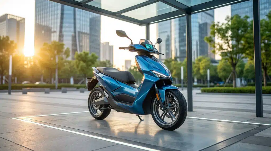 Scooter électrique 125 bleu moderne garé en extérieur
