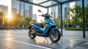 Scooter électrique 125 bleu moderne garé en extérieur