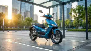 Scooter électrique 125 bleu moderne garé en extérieur