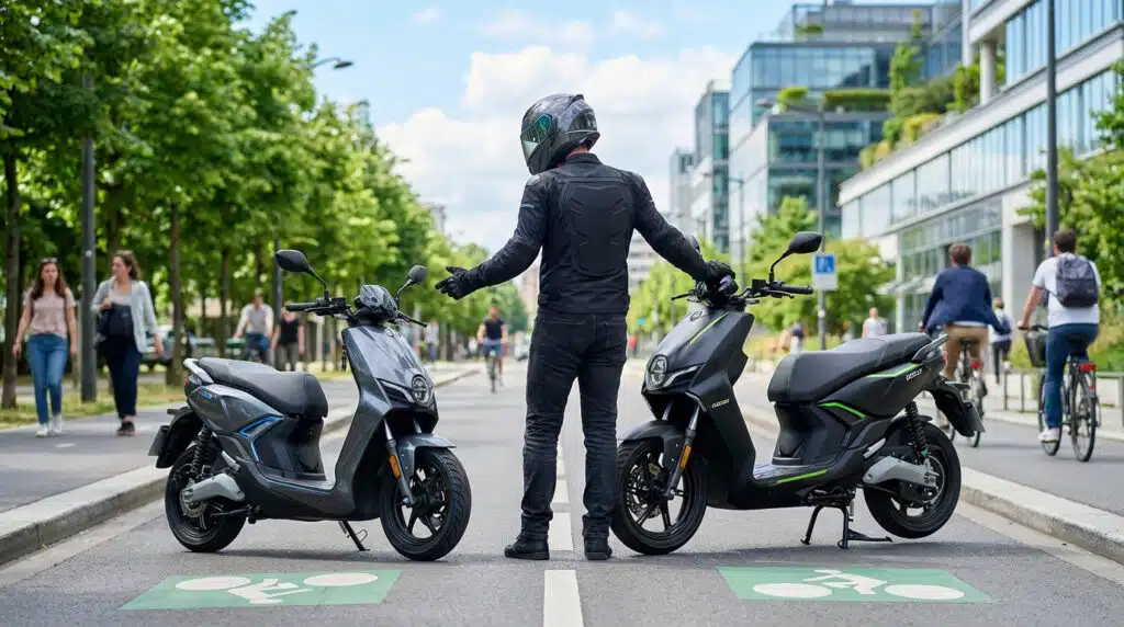 Scooter électrique stationné en milieu urbain avec bâtiments et voitures en arrière-plan