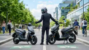 Scooter électrique stationné en milieu urbain avec bâtiments et voitures en arrière-plan
