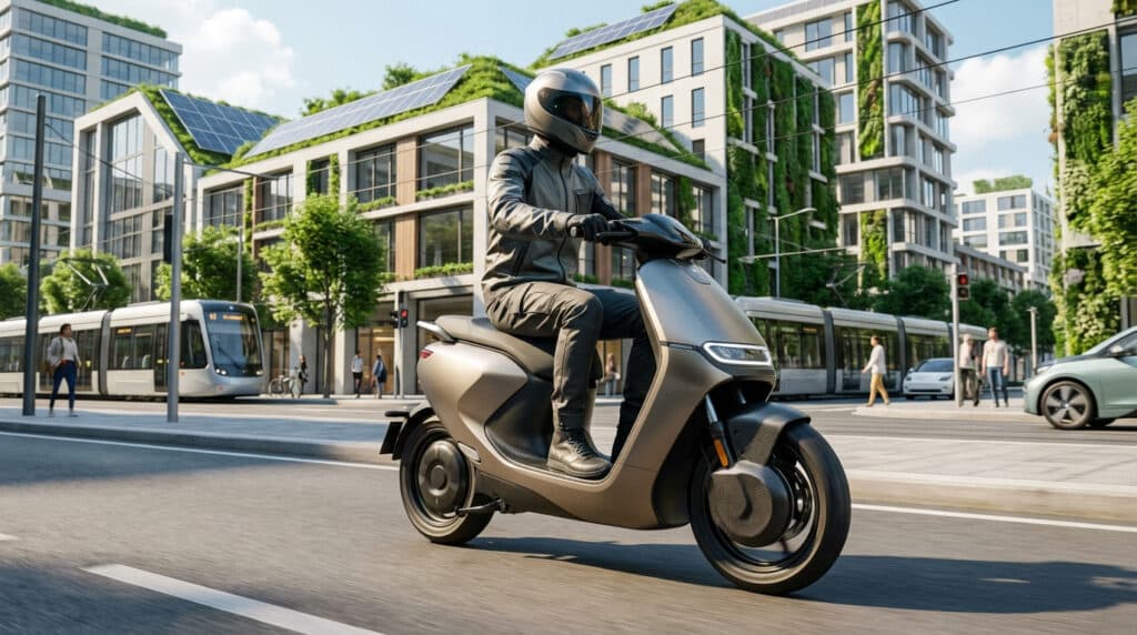 Scooter sans permis électrique circulant dans une ville moderne Tout savoir sur le scooter sans permis