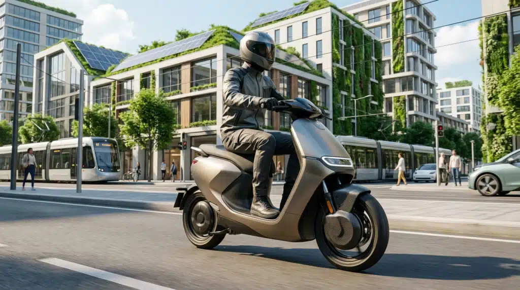 Scooter sans permis électrique circulant dans une ville moderne Tout savoir sur le scooter sans permis