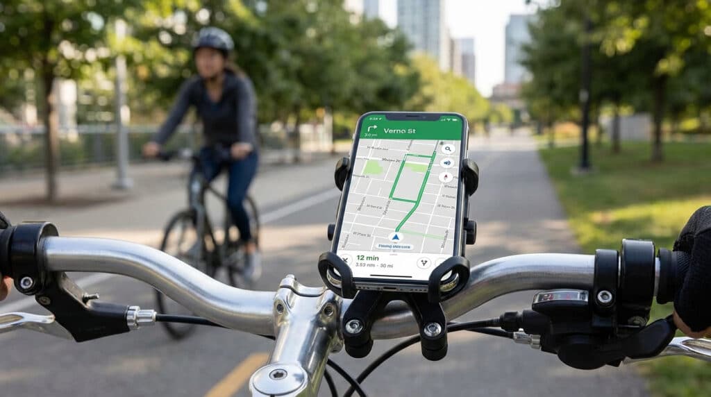 Support téléphone vélo fixé sur le guidon avec écran affichant la navigation Quel support téléphone pour vélo choisir pour rouler en sécurité ?