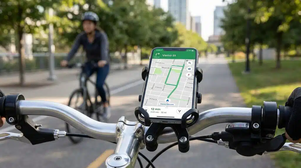 Support téléphone vélo fixé sur le guidon avec écran affichant la navigation Quel support téléphone pour vélo choisir pour rouler en sécurité ?