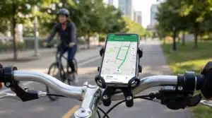 Support téléphone vélo fixé sur le guidon avec écran affichant la navigation Quel support téléphone pour vélo choisir pour rouler en sécurité ?