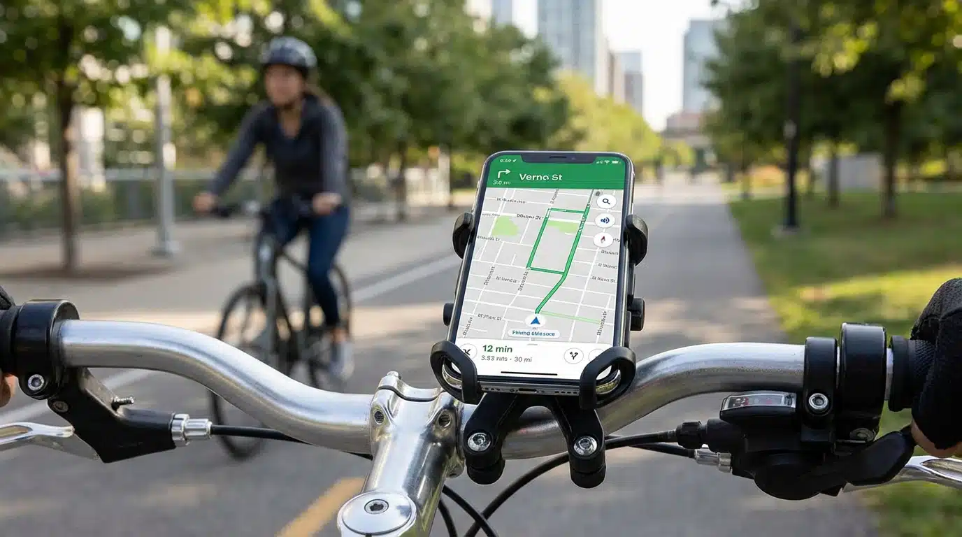 Support téléphone vélo fixé sur le guidon avec écran affichant la navigation Quel support téléphone pour vélo choisir pour rouler en sécurité ?