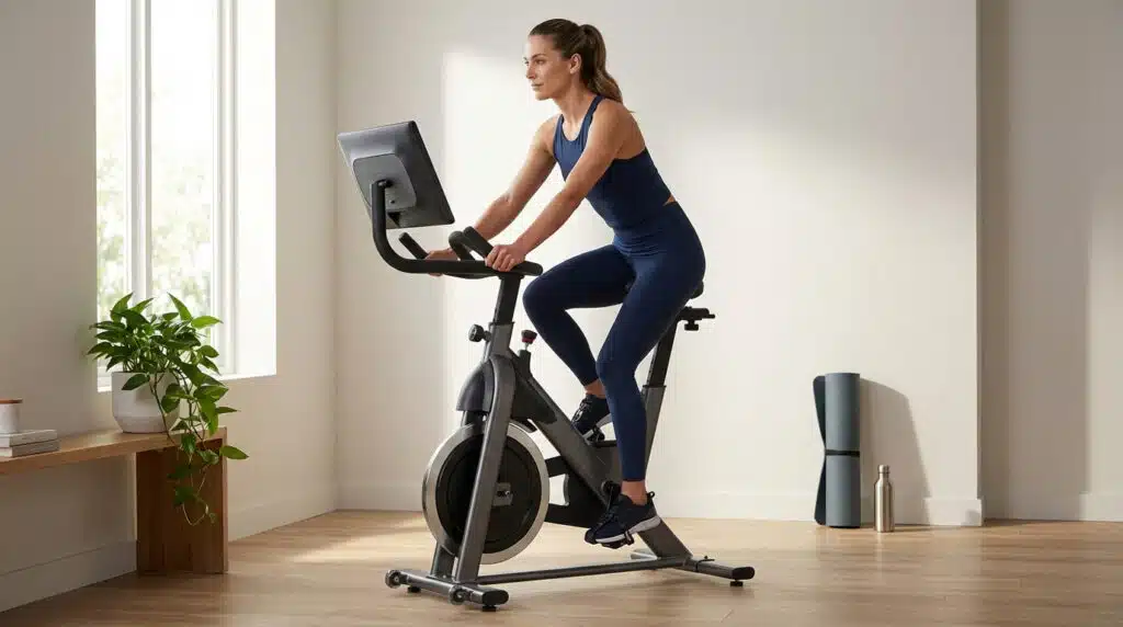 Bien choisir son vélo appartement pour s'entraîner chez soi Personne faisant du vélo appartement connecté dans un intérieur moderne pour un entraînement à domicile