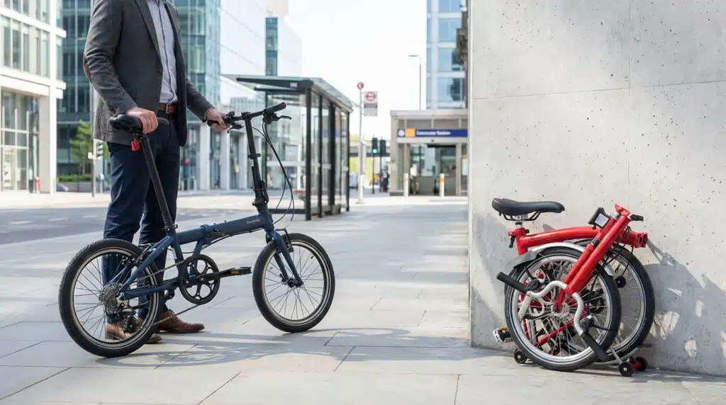 Vélo pliant : comment bien choisir sa monture urbaine Deux vélos pliants compacts posés sur un sol urbain, illustrant le choix idéal du vélo pliant pour la ville