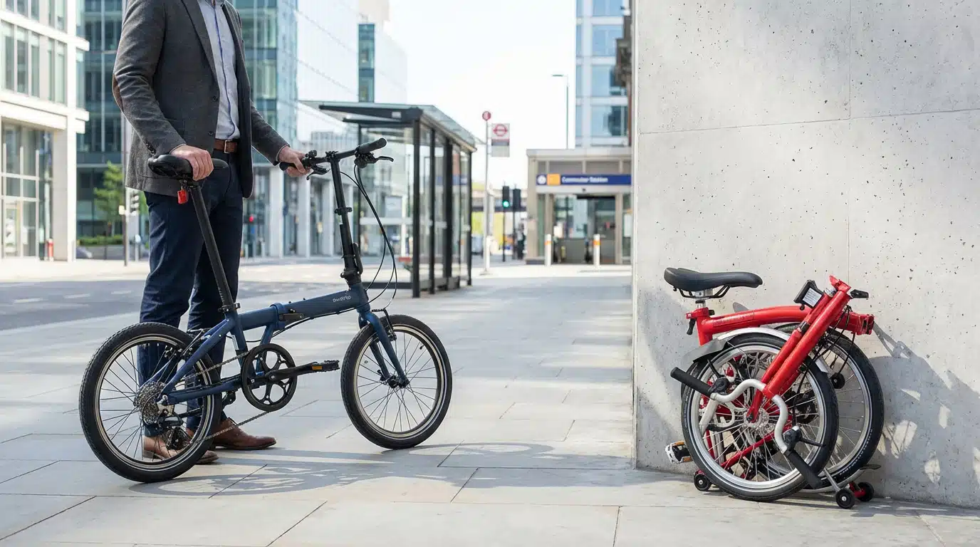 Vélo pliant : comment bien choisir sa monture urbaine Deux vélos pliants compacts posés sur un sol urbain, illustrant le choix idéal du vélo pliant pour la ville