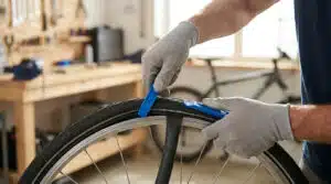 Changement pneu vélo en cours avec démontage de la roue et inspection du pneu