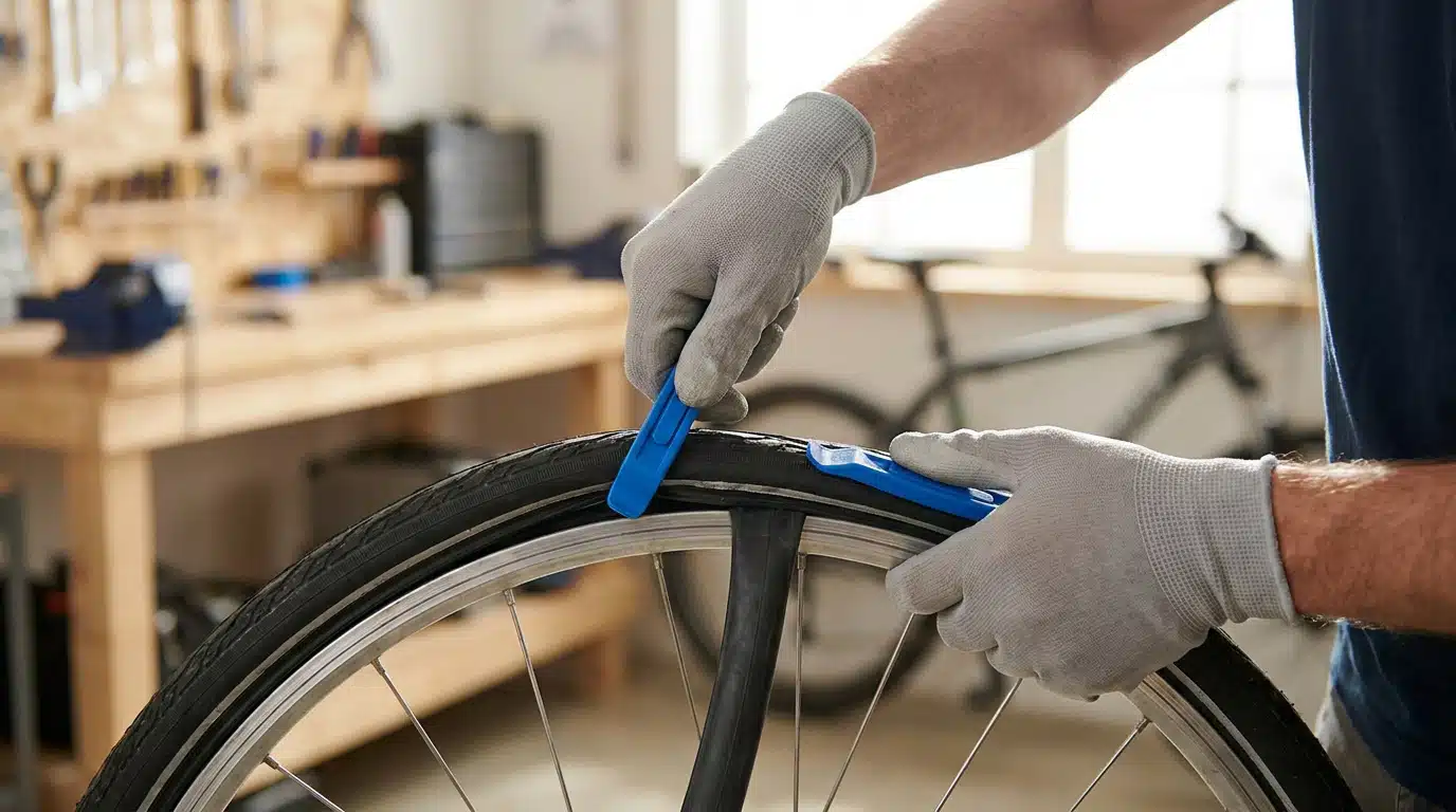 Changement pneu vélo en cours avec démontage de la roue et inspection du pneu