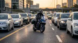 Circulation interfile moto avec un motard naviguant entre les voitures dans un trafic urbain