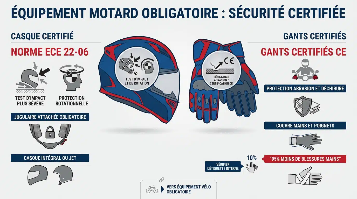 Équipement moto obligatoire : casque homologué ECE 22-06 et gants certifiés CE