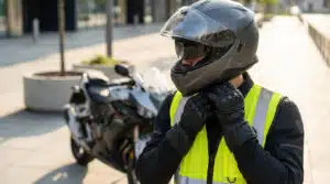 Équipement obligatoire moto comprenant un casque, des gants certifiés et un gilet de sécurité