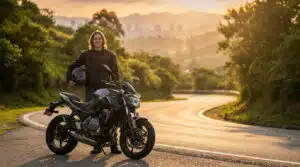 Moto jeune permis, motard posant à côté de sa Yamaha MT-07 au coucher du soleil