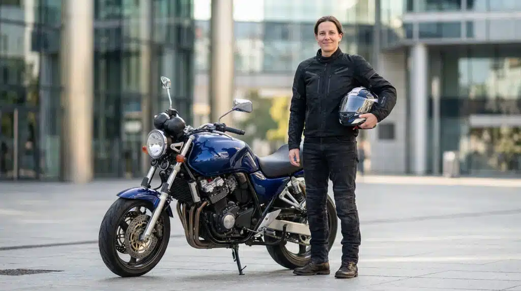 Permis moto CPF : motard posant avec sa moto après obtention du permis