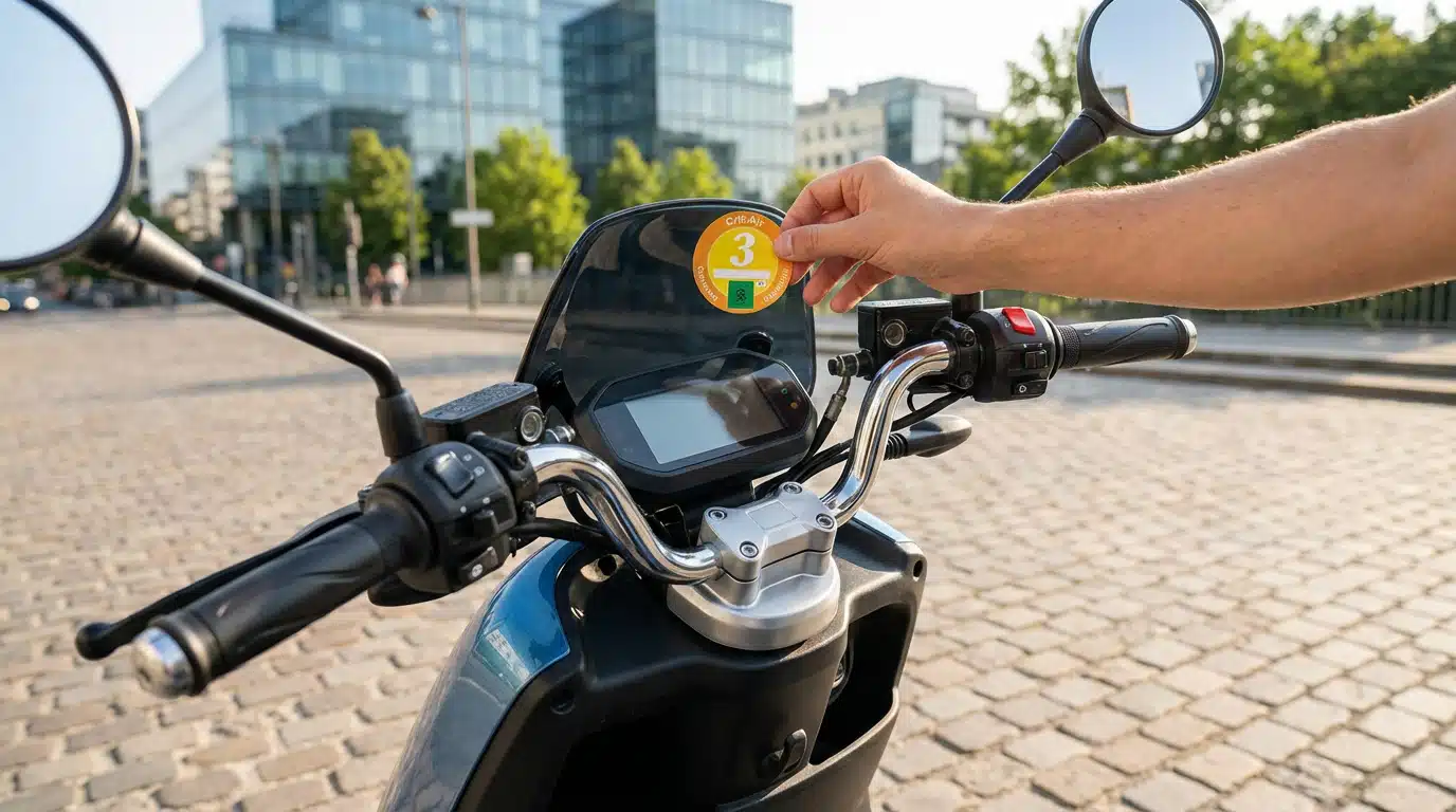 Vignette Crit'Air moto apposée sur la fourche d'un deux-roues circulant en Zone à Faibles Émissions