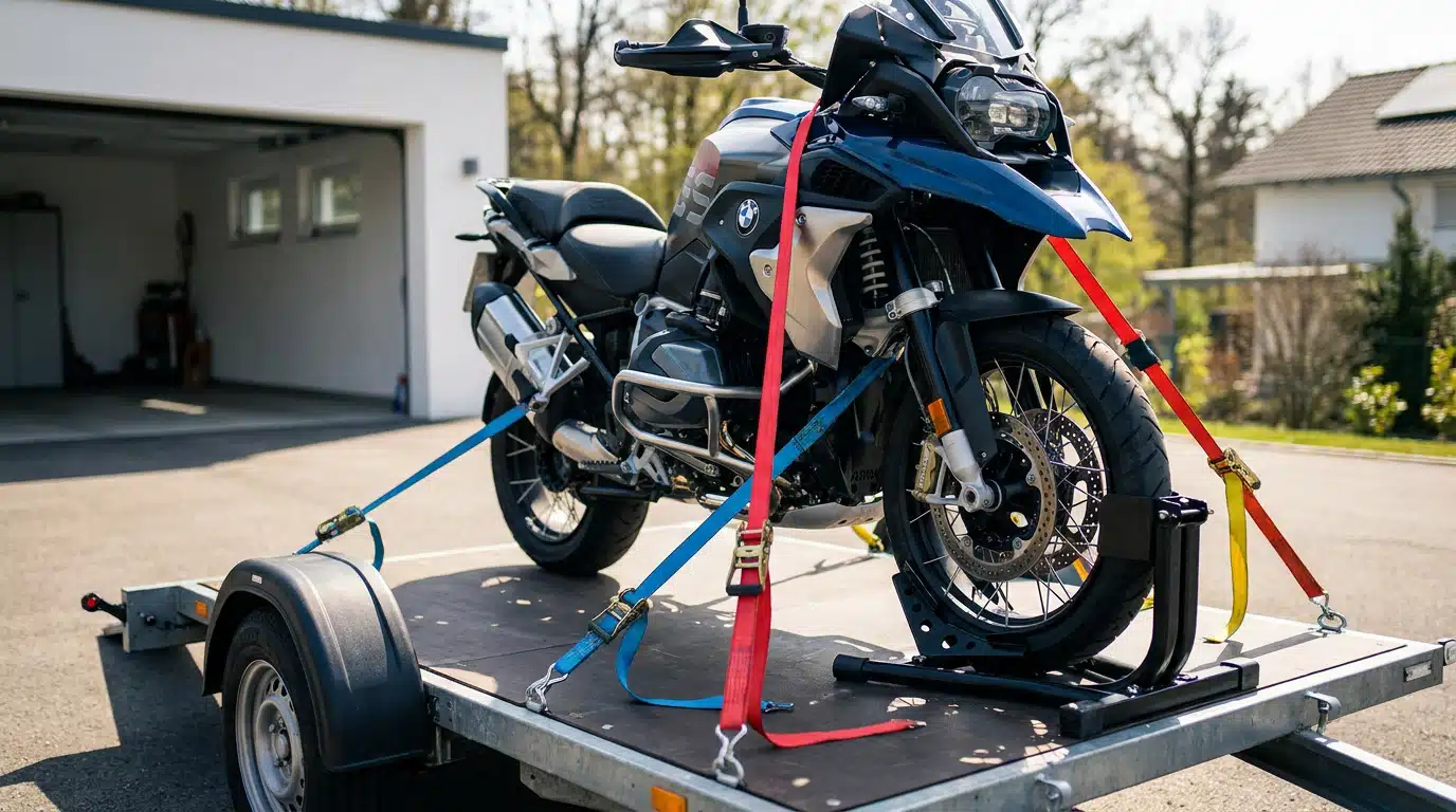 Sanglage moto remorque : moto fixée avec sangles à cliquet sur plateau de transport