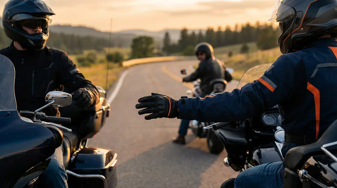 Signes du motard : motard effectuant un geste de communication au coucher du soleil
