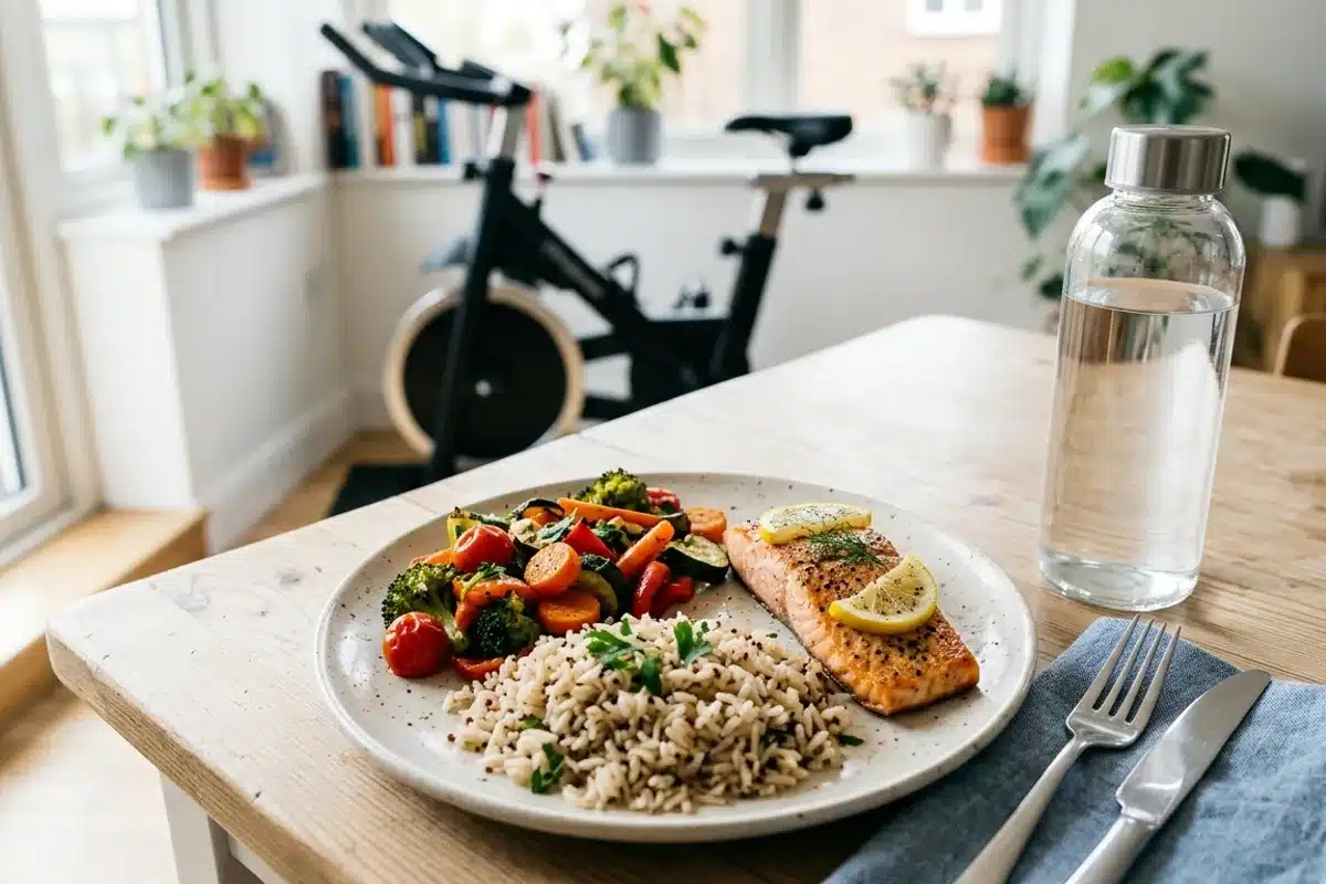 Alimentation équilibrée et vélo d'appartement Assiette équilibrée et bouteille d'eau devant un vélo d'appartement