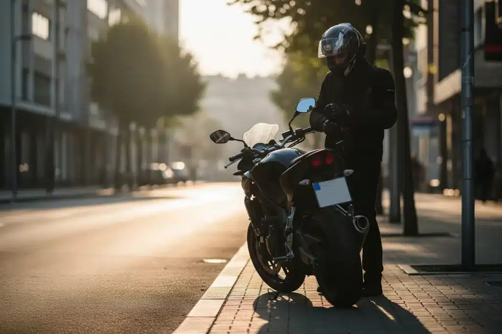 Assurance moto : motard équipé près de sa moto routière dans une rue au petit matin