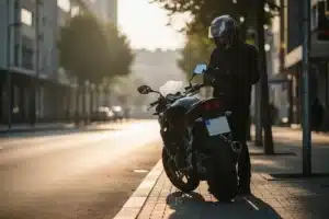 Assurance moto : motard équipé près de sa moto routière dans une rue au petit matin