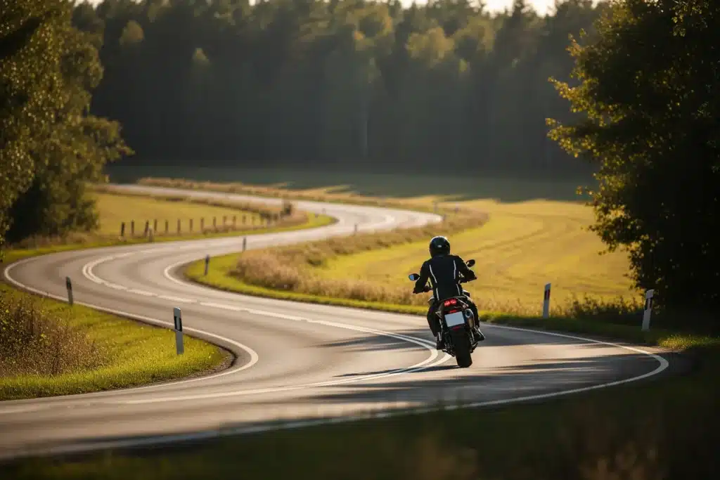 Motard de dos sur une route de campagne sinueuse, illustrant l'assurance moto au kilometre pour les petits rouleurs