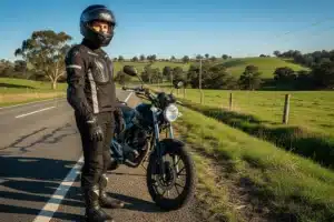 Jeune motard en équipement de protection complet à côté de sa moto sur une route de campagne, illustrant l'assurance moto jeune permis