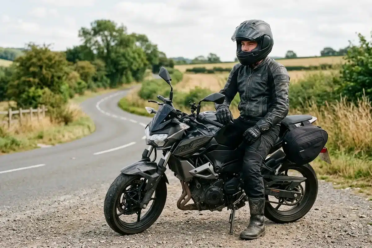 jeune motard permis A2 equipement securite Jeune motard en équipement de sécurité complet sur une moto de type A2, illustrant le permis A2 et son impact sur l'assurance moto jeune conducteur