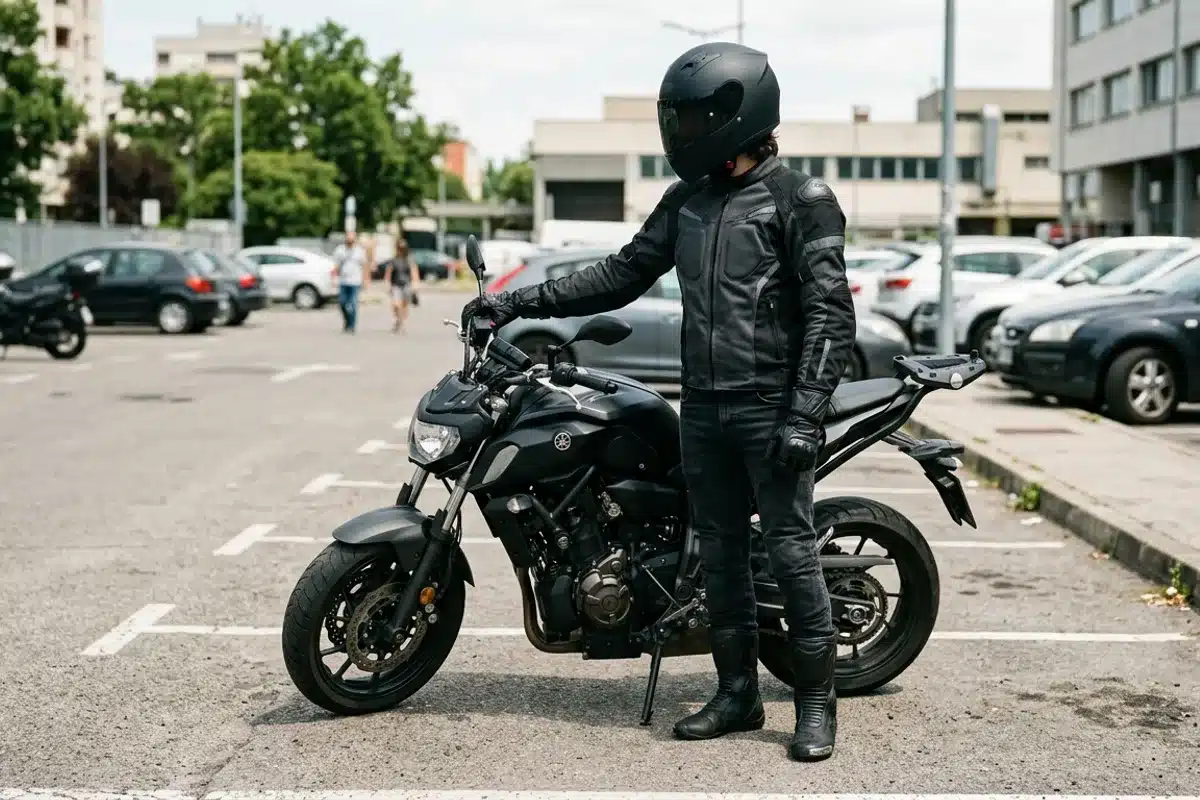 Jeune motard et assurance moto Jeune motard en équipement complet à côté d'une moto sur un parking