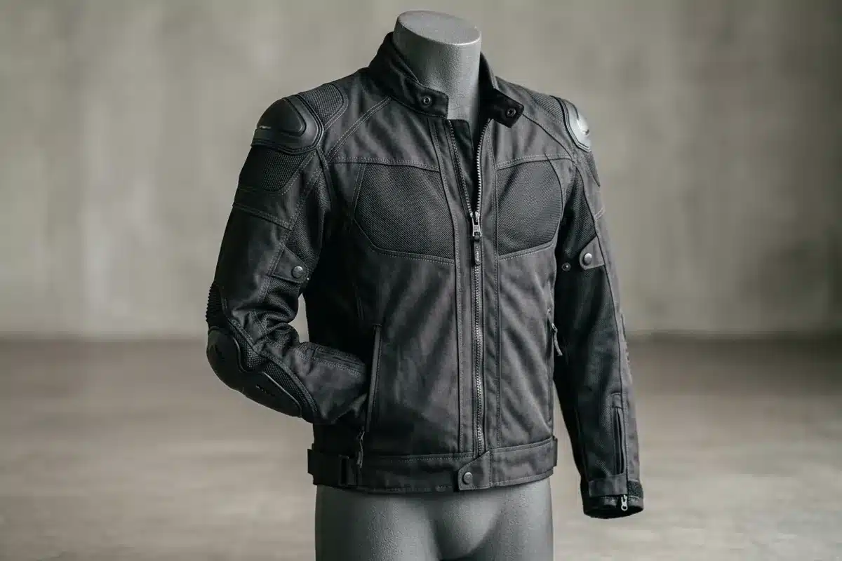 Blouson moto à protections Blouson moto avec protections aux épaules et aux coudes présenté sur un mannequin